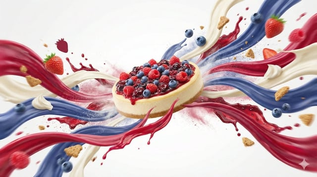 Dynamic flavor wave composition of [FOOD], with colorful energy ribbons, mist, and motion streaks bu