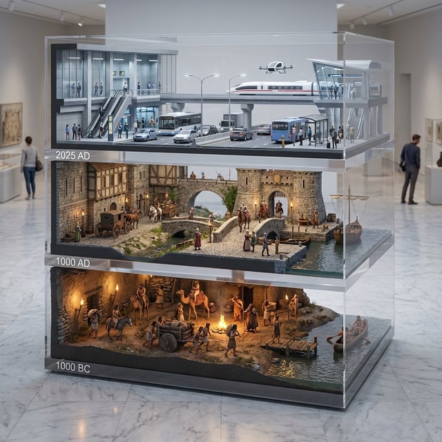 Cinematic, hyper-realistic. A stacked depth composition of ultra-detailed 16K 3D-scanned transportat