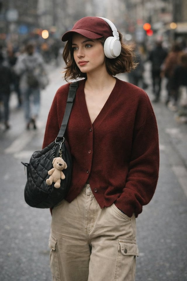 A high-quality, candid street photography shot of a stylish young woman with short wavy brown hair. 
