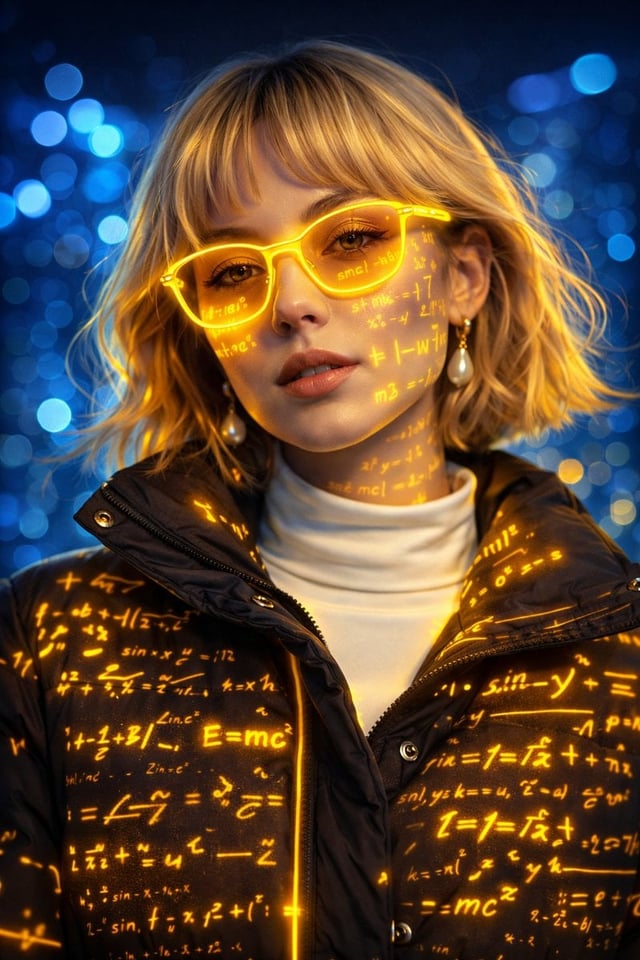 A futuristic cyber-aesthetic portrait of a young woman wearing glowing neon-yellow glasses, with lum