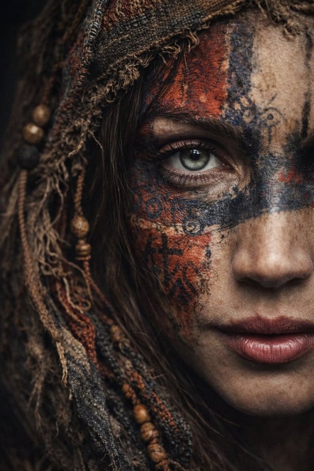A dramatic ultra-realistic portrait of a woman shown in extreme close-up, only half of her face visi