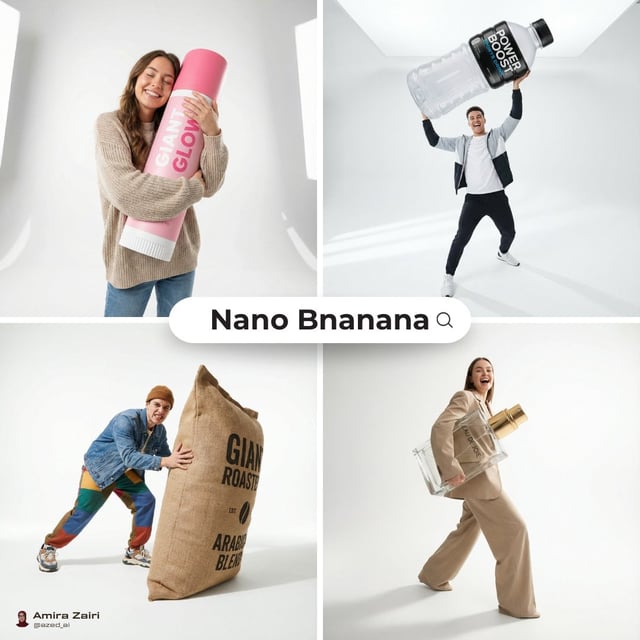 [person], [pose], oversized product in the attached image as the main hero prop, playful fun energy,