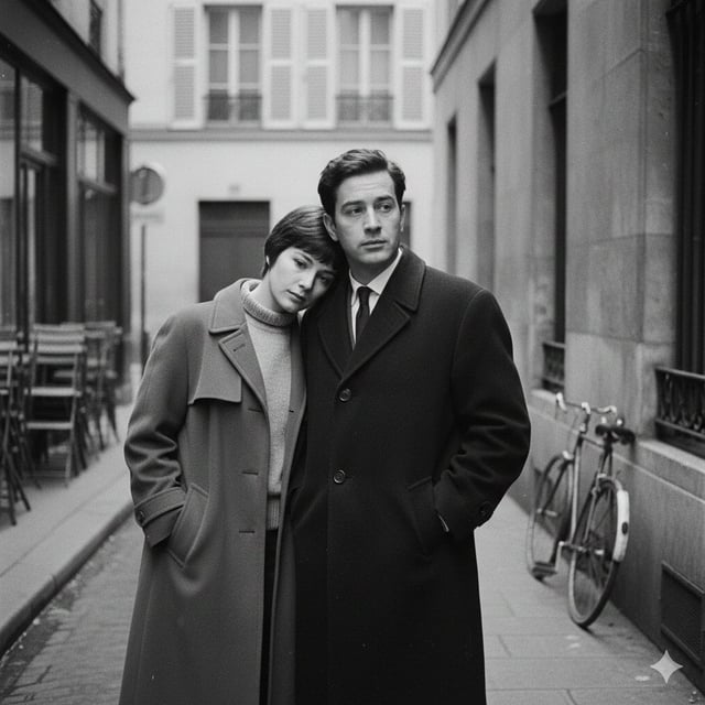 A French New Wave–style minimalist lovers scene, black and white, 1950s–1960s European cinema tone. 