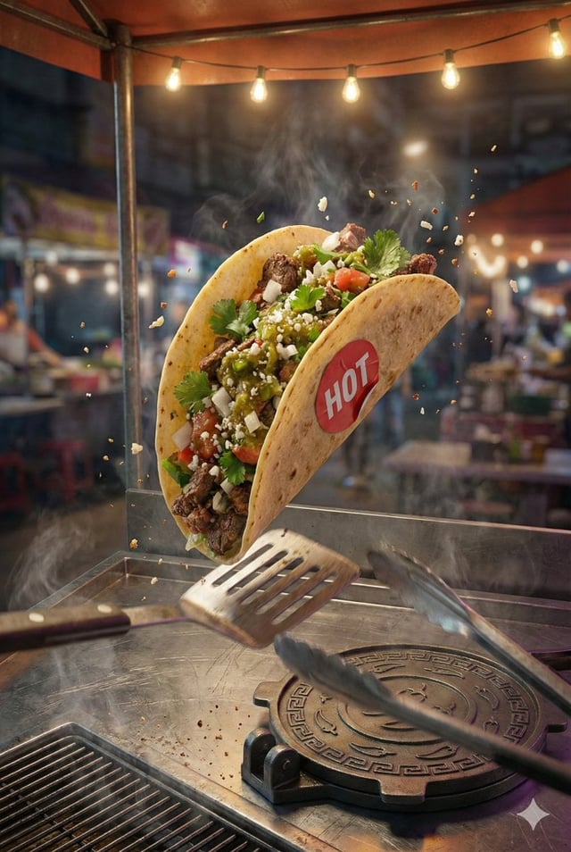 Generate a '2:3' hyper-realistic, high-resolution poster featuring the attached taco image. Adjust i