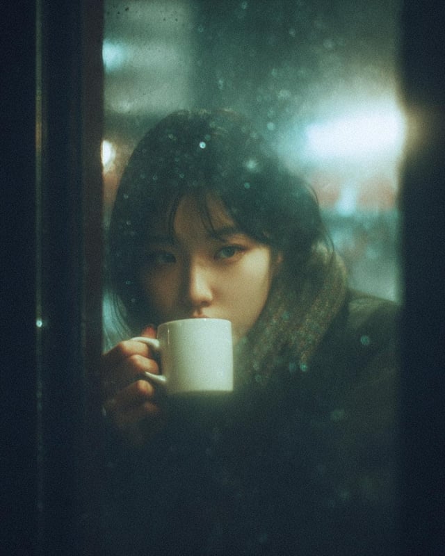 A cinematic, moody photograph of a young woman sitting inside a café at night, seen through a rain-c