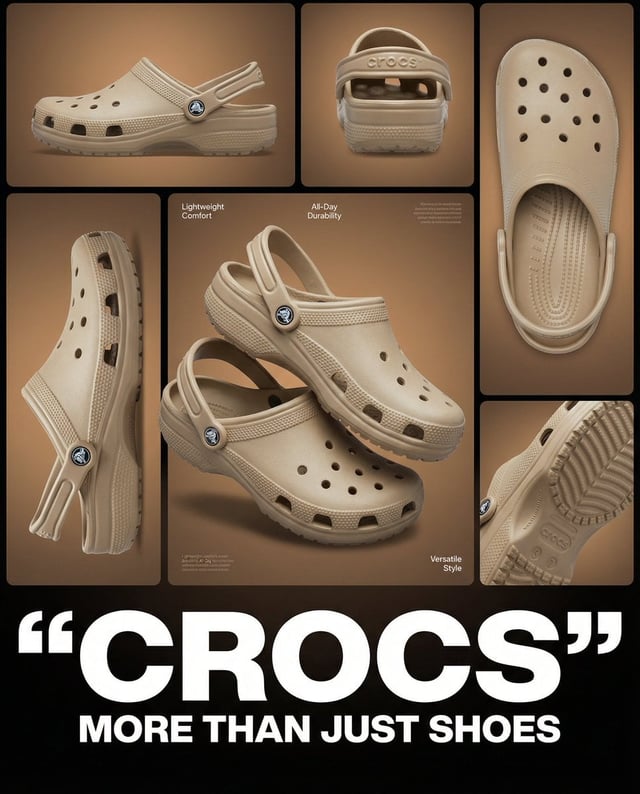 Multi-image product collage poster featuring beige/tan Crocs clog shoes, designed as a modern footwe