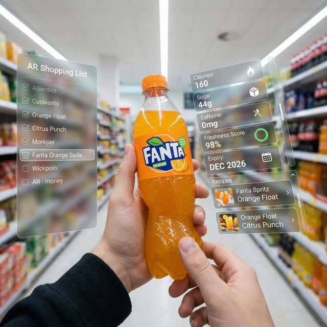 First-person perspective inside a brightly lit supermarket aisle. Realistic human hands are holding 