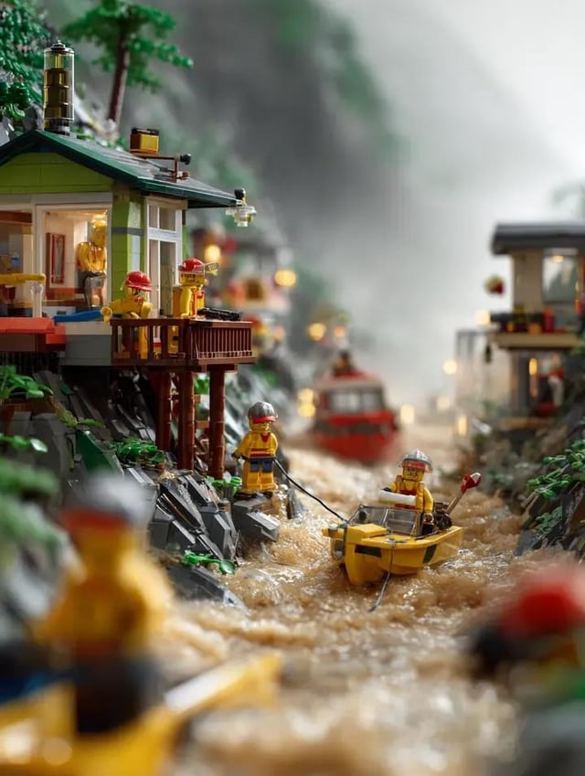 LEGO mountain flood rescue scene, torrential rain causing river overflow in a LEGO mountain village,