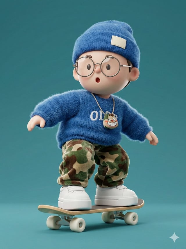 A high-fidelity 3D character render of a cute, stylized boy skateboarding in a dynamic pose. The boy