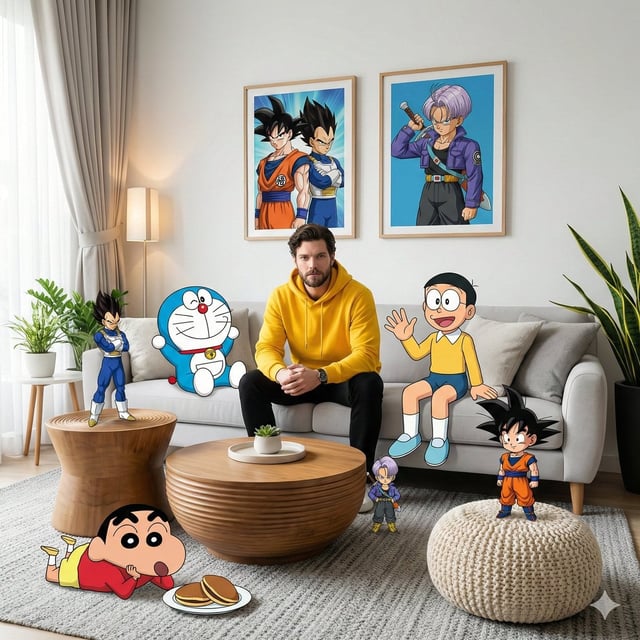 - A high-fidelity, wide-angle interior shot captures a surreal, mixed-media composition within a mod