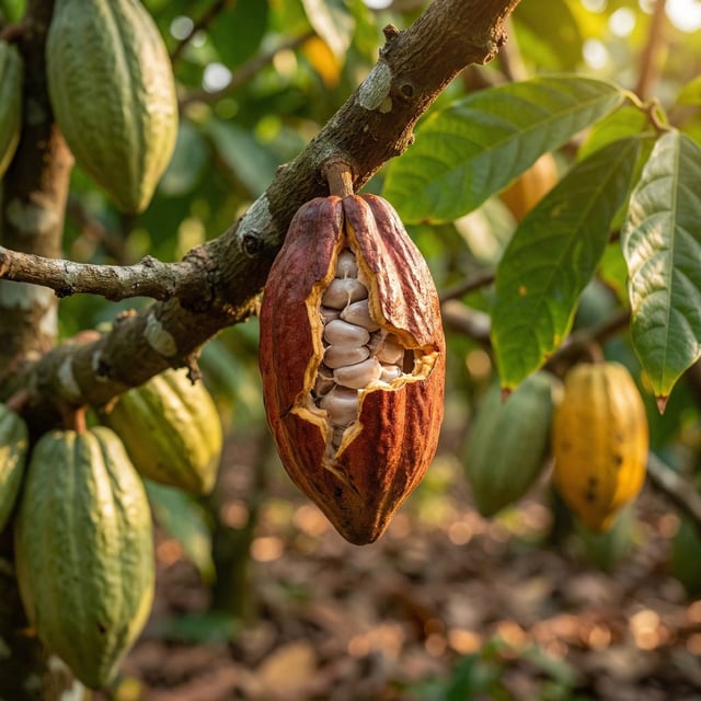 High-quality realistic commercial shot of a cocoa plantation in landscape orientation, cocoa tree as