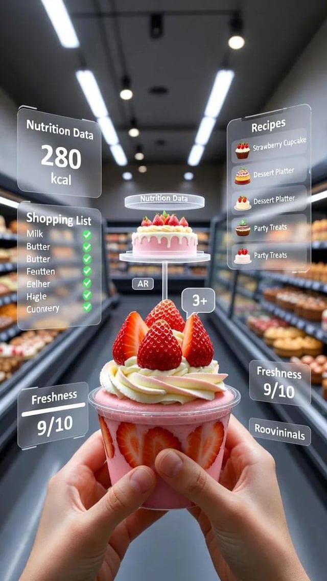 A first-person point-of-view (POV) shot inside a modern supermarket aisle. The viewer's hands are ho