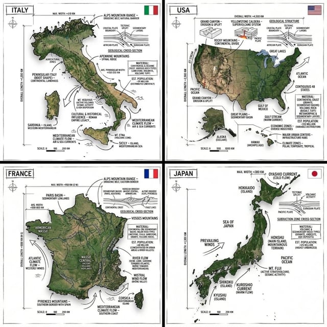 Create an infographic image of [COUNTRY], combining a realistic photograph or photoreal render of th