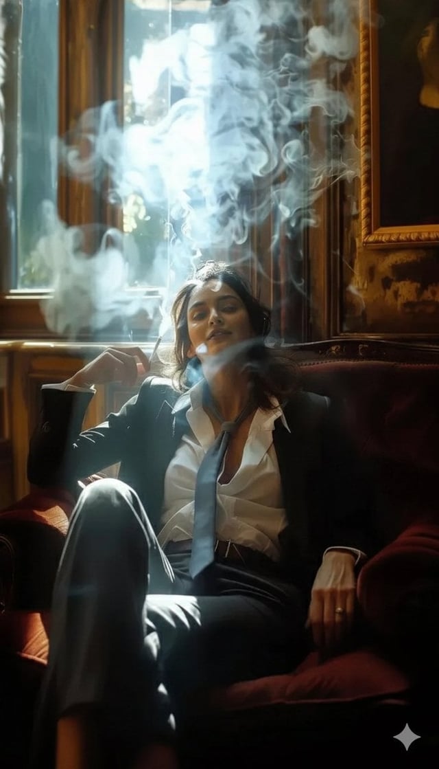 ​A high-definition cinematic portrait of a sophisticated woman sitting in a plush, velvet burgundy a