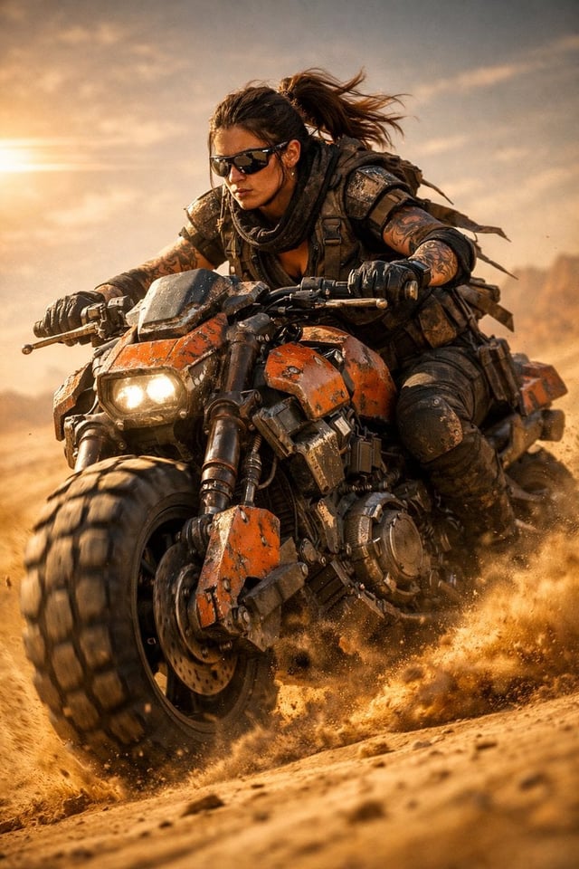 Use the uploaded picture to create a cinematic sci-fi scene of a fierce futuristic biker riding a he