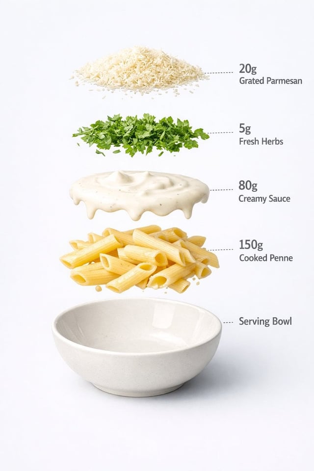 Ultra-realistic food photography of a prepared creamy white sauce penne pasta served in a minimal ce