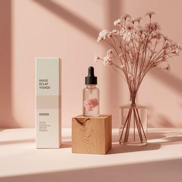 Ultra-realistic minimalist studio product photography of a small transparent glass facial oil droppe