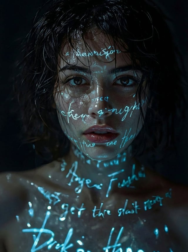 A cinematic, hyper-realistic close-up portrait of a mysterious young woman in darkness, wet skin gli