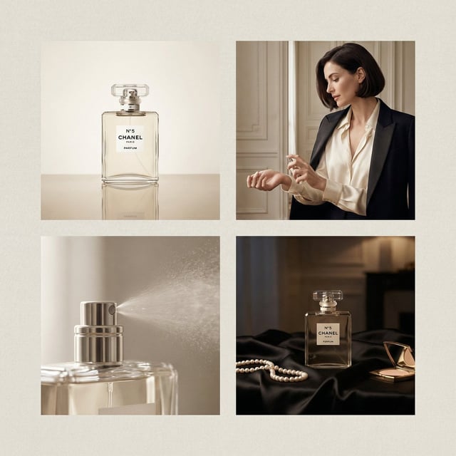 2×2 grid luxury perfume advertisement for Chanel perfume, four distinct yet cohesive high-end commer