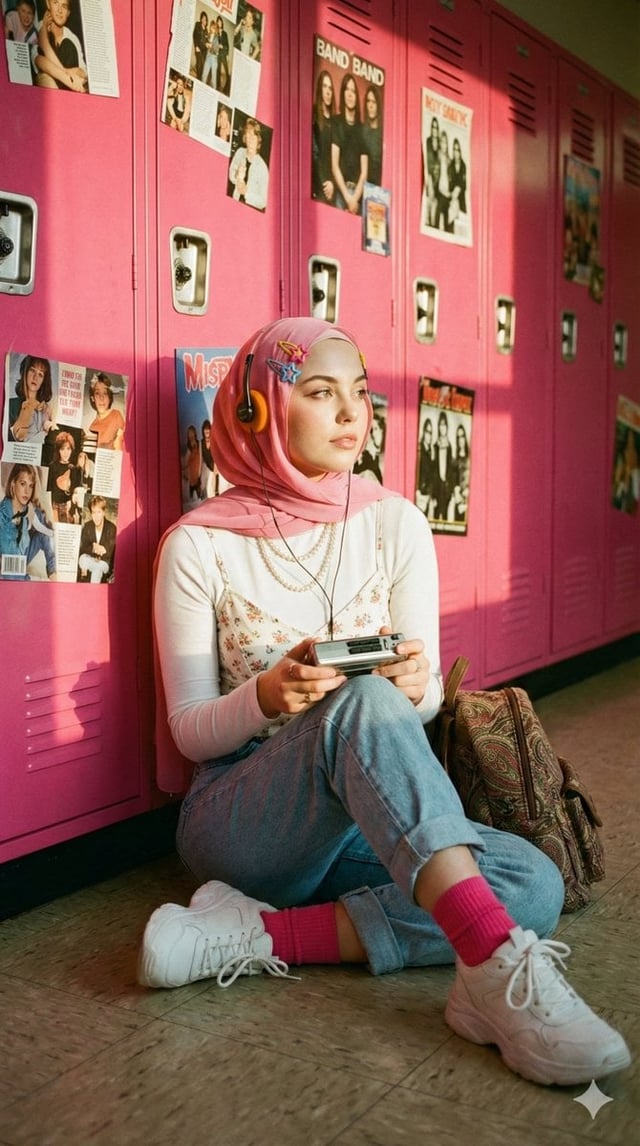 A cinematic, nostalgic portrait of a young hijab woman (use the reference photo) sitting cross-legge