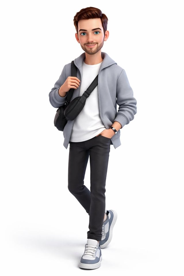 A full-body 3D stylized cartoon boy, Pixar/Disney-inspired character design, cute and modern look, g