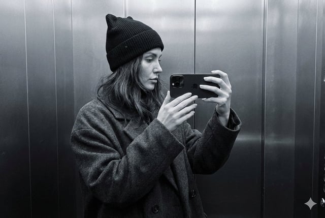 A photorealistic profile selfie, minimalist and monochrome: a woman in a dark oversized coat and a b