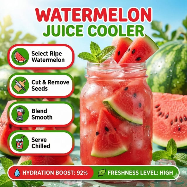 Bright summer infographic showcasing watermelon juice, icy texture, watermelon wedges floating. Step