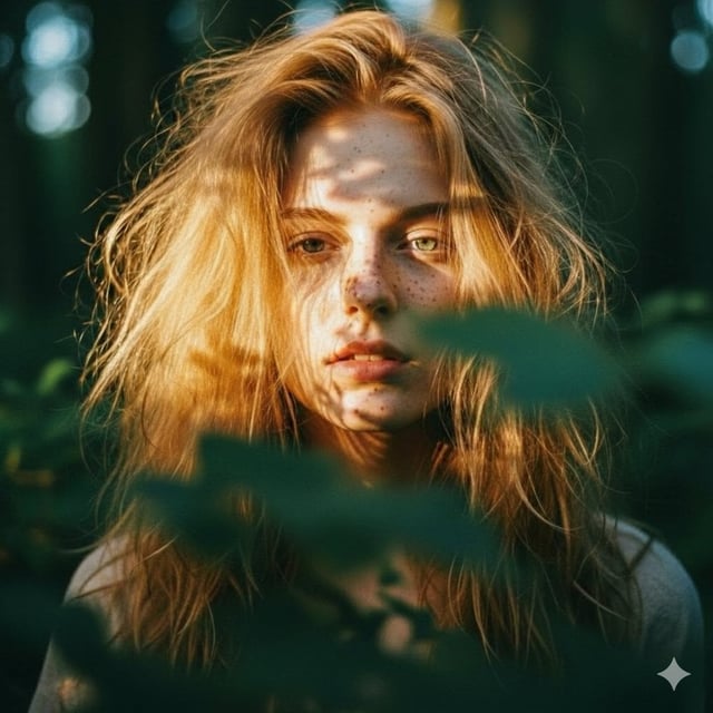 Close-up portrait of a young woman with messy, voluminous strawberry blonde hair and heavy freckles 