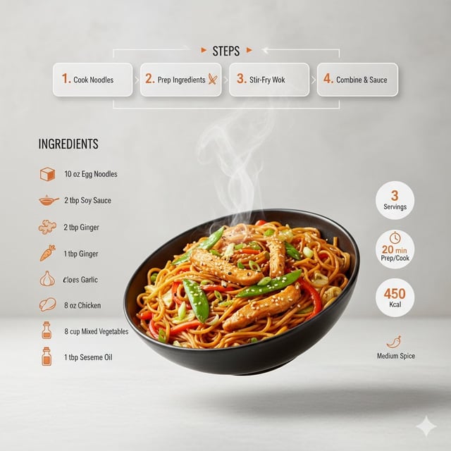 Ultra-clean modern recipe infographic. Showcase chowmin in a visually appealing finished form sliced