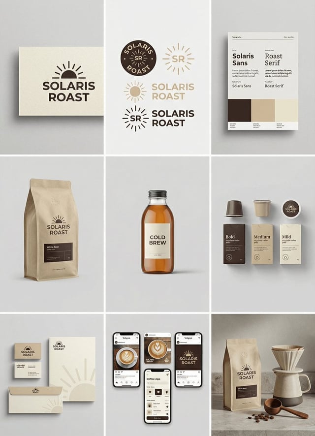 [brand name], complete brand identity grid, 3x3 layout, nine tiles showing a full cohesive brand sys