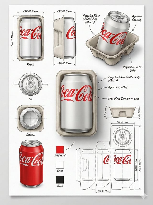 Using the attached image, create a professional industrial packaging design illustration sheet for t