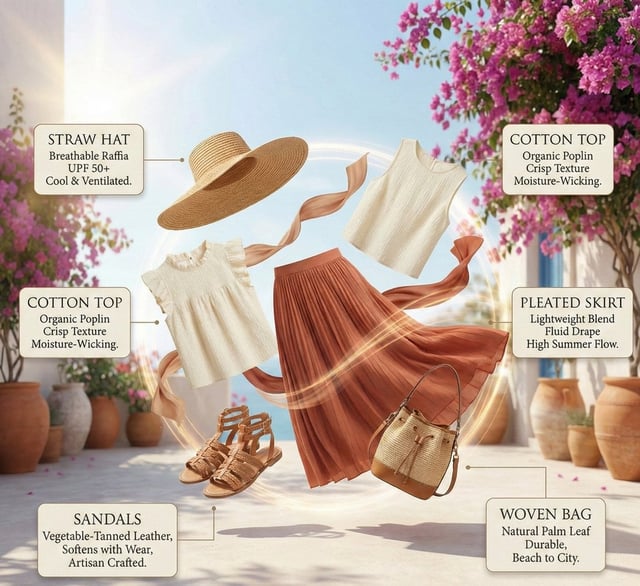 High-fashion summer outfit infographic with color-coordinated floating elements arranged in an elega