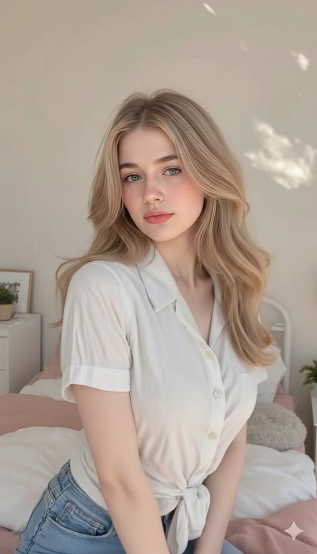 Cute, innocent young adult blonde woman  sitting comfortably on a neatly made bed, relaxed natural p