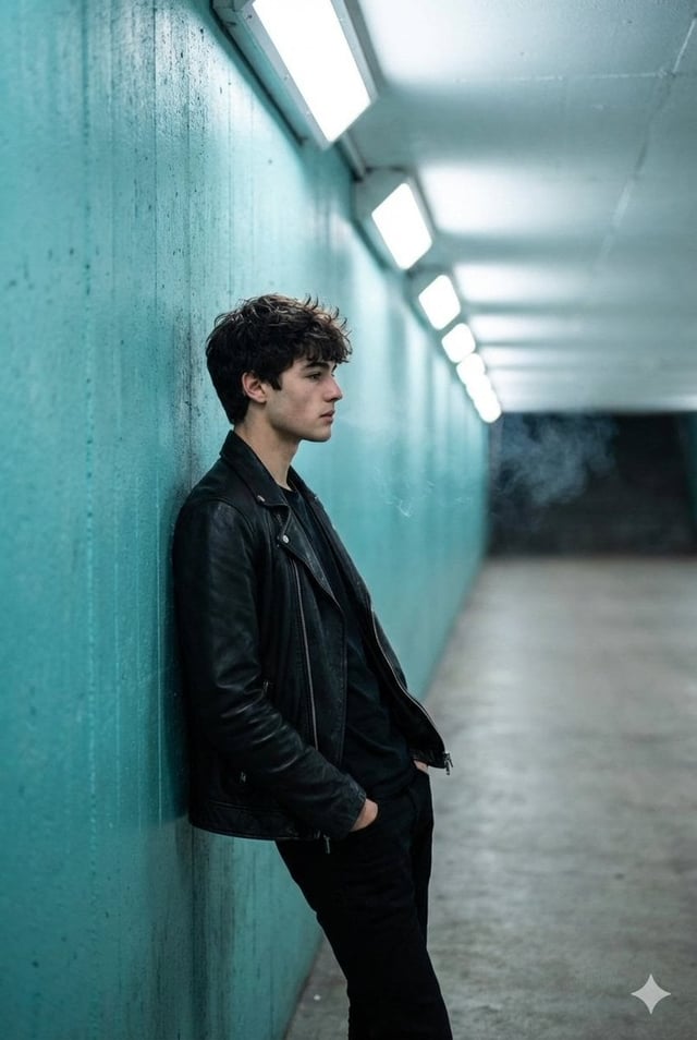 A full shot captures a young man in profile, leaning against a textured turquoise wall inside a brig