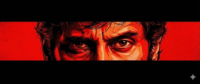 A cinematic poster-style artwork featuring an intense close-up of a man’s eyes centered horizontally
