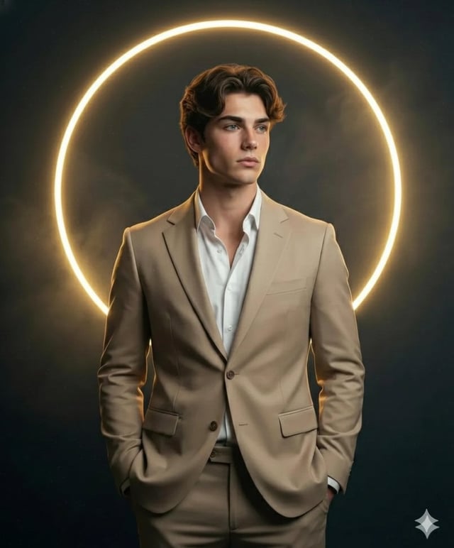 A high-definition, cinematic portrait of a sharp, handsome young man with wavy dark hair, wearing a 