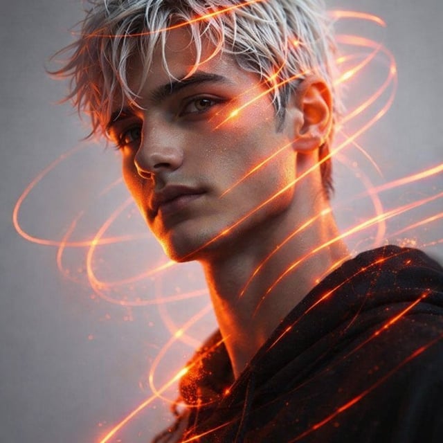 Portrait of a 21-year-old man of appearance with masculine facial features and white hair styled wit
