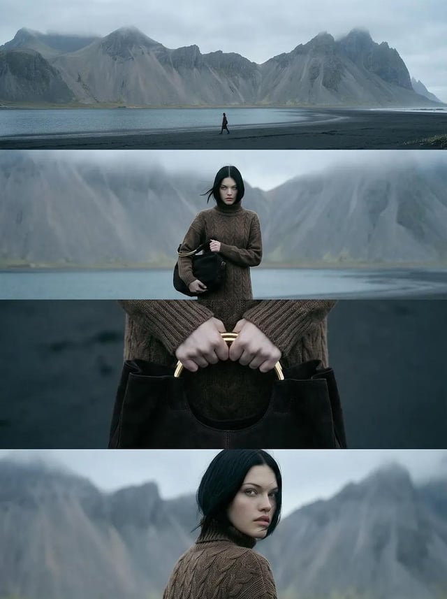 A vertical cinematic editorial image composed of four horizontal film frames stacked vertically with