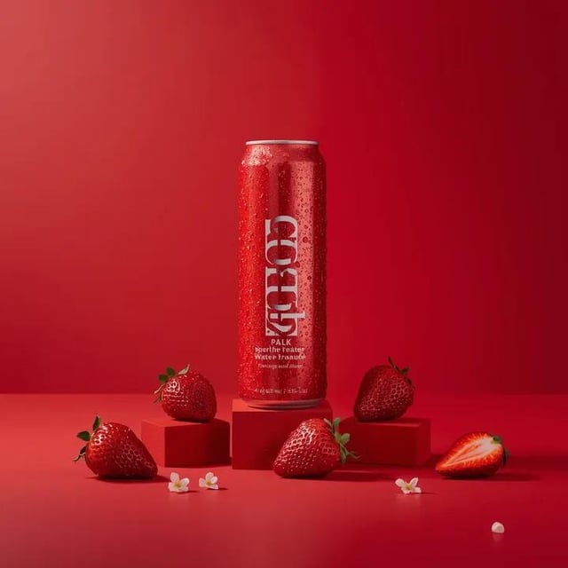 A premium studio product photograph of a tall, slim red aluminum sparkling water can standing uprigh
