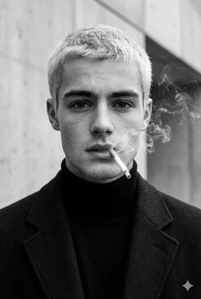Ultra-realistic fashion black and white portrait of a man with short light hair, wearing a dark tail