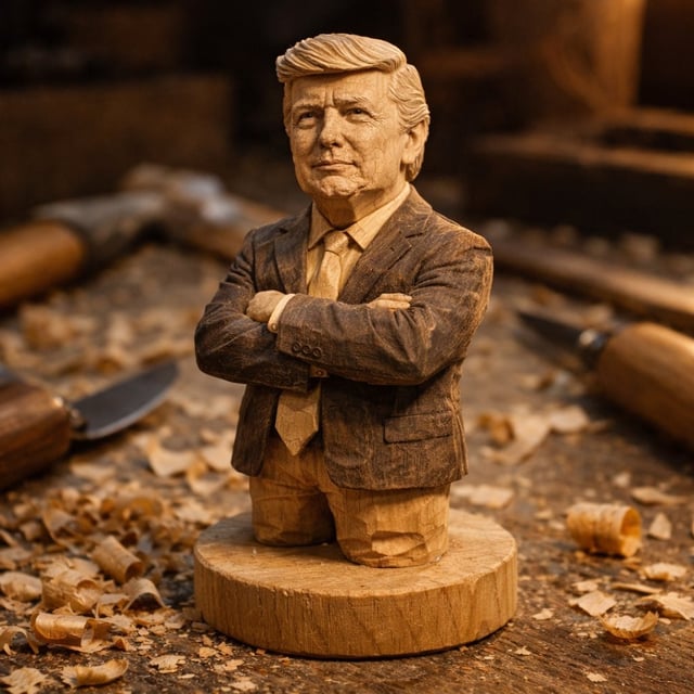 A hand-carved wooden miniature figure of [NAME], shaped with visible knife marks, natural grain text