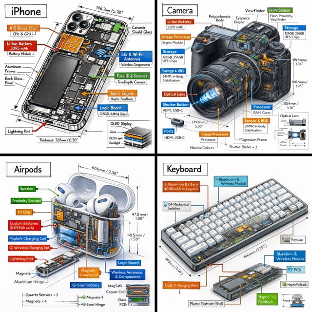 Create a technical infographic of [OBJECT] with a 45-degree isometric 3D perspective showing the dev