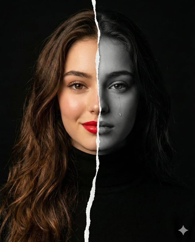 ​A high-resolution conceptual portrait of a woman’s face vertically split down the middle by a jagge