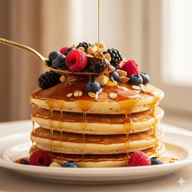 Ultra-luxury food commercial of a stack of thick, fluffy American pancakes with perfectly golden-bro