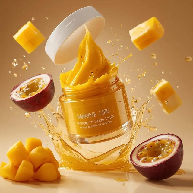 A hyperrealistic premium product photography scene of a transparent cosmetic jar labeled “MARINE LIF
