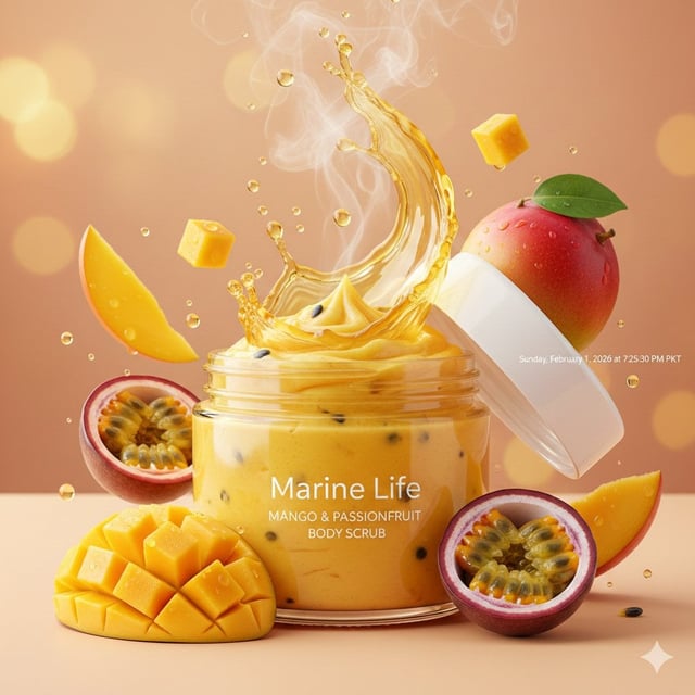 Luxurious tropical body scrub product photography, open jar of bright vibrant yellow-orange Mango & 