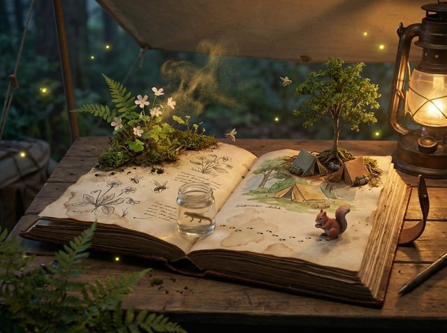 Epic 3D scene: a weathered field journal lies open on a naturalist's camp table, its pages erupting 