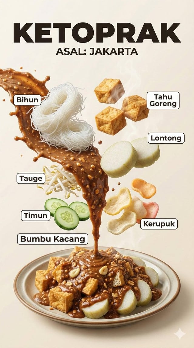 A hyper-realistic Indonesian food infographic poster with dramatic floating ingredients. Vertical co