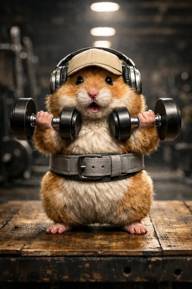 A hyper-detailed, adorable golden hamster in a bright, cheerful gym, animated in smooth cinematic mo