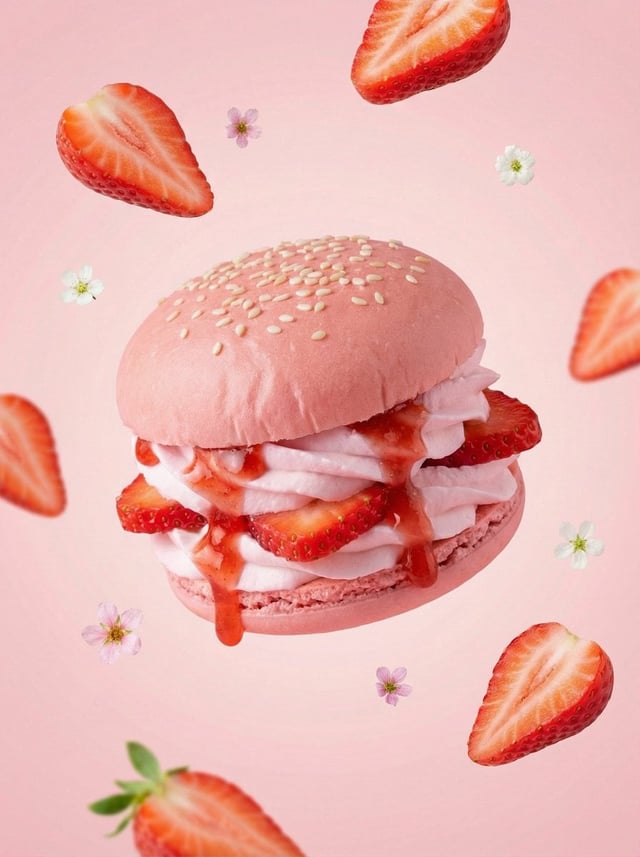 A hyper-realistic {FRUIT} dessert burger, centered composition, soft pastel {FRUIT_COLOR} color pale